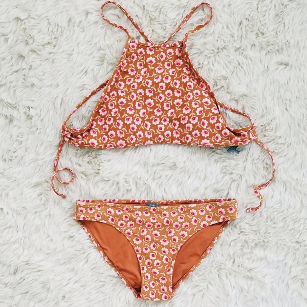Aerie High Neck Crop Orange Floral Bikini Size XS